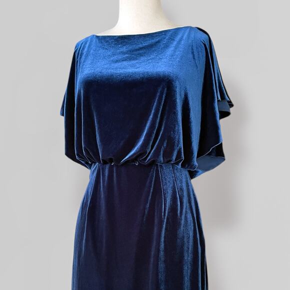 Blue Velvet Open Back Mini Dress Sz 6 Dolman Sleeve Hollywood Glam Cocktail - Picture 7 of 10